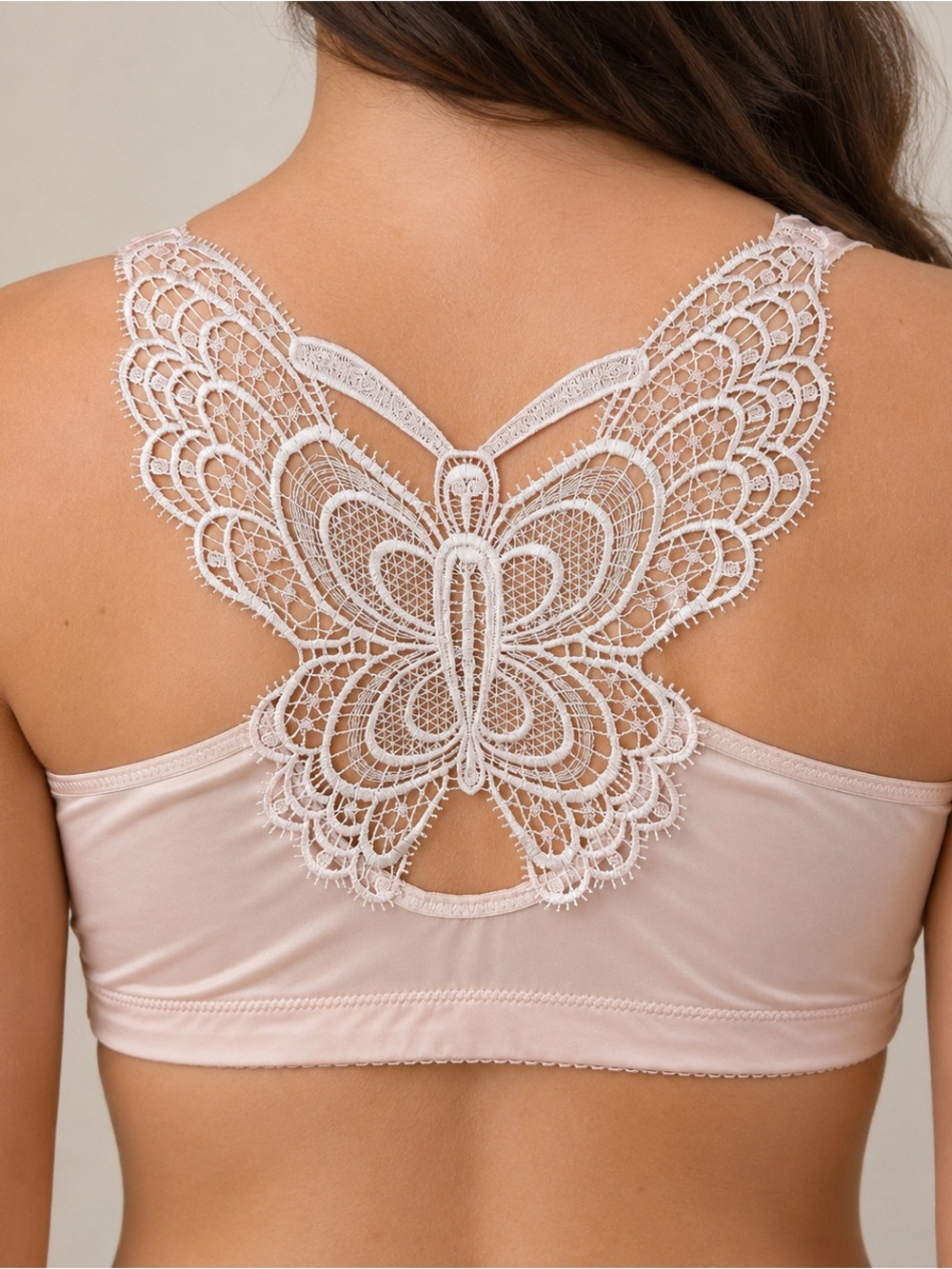 Front Closure Bra Butterfly Back US 46D Beige Padded Rhinestones